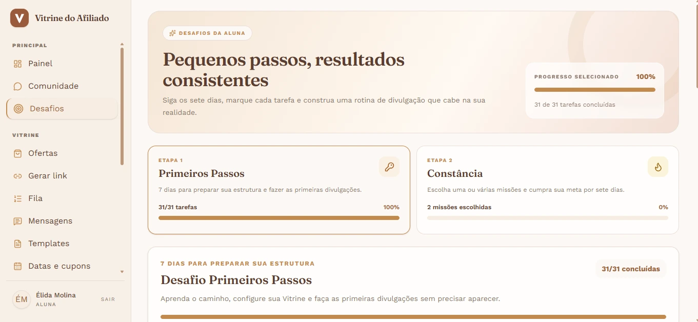 Tela real da Vitrine: Desafios