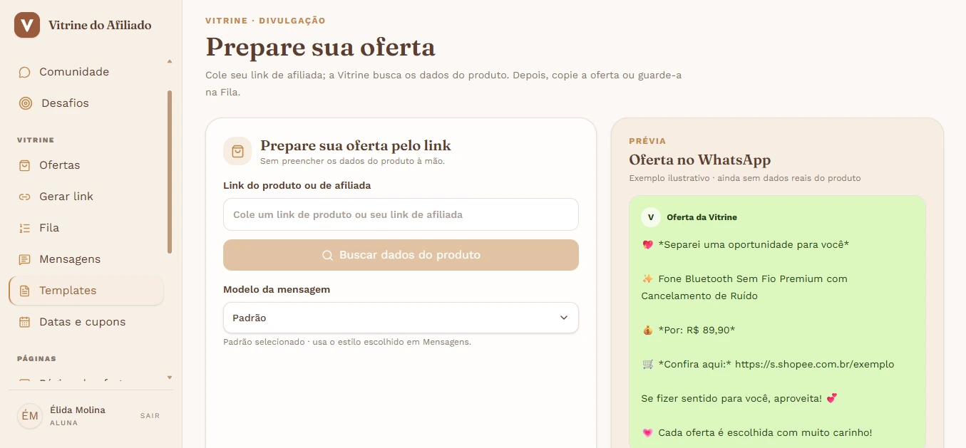 Tela real da Vitrine: Templates