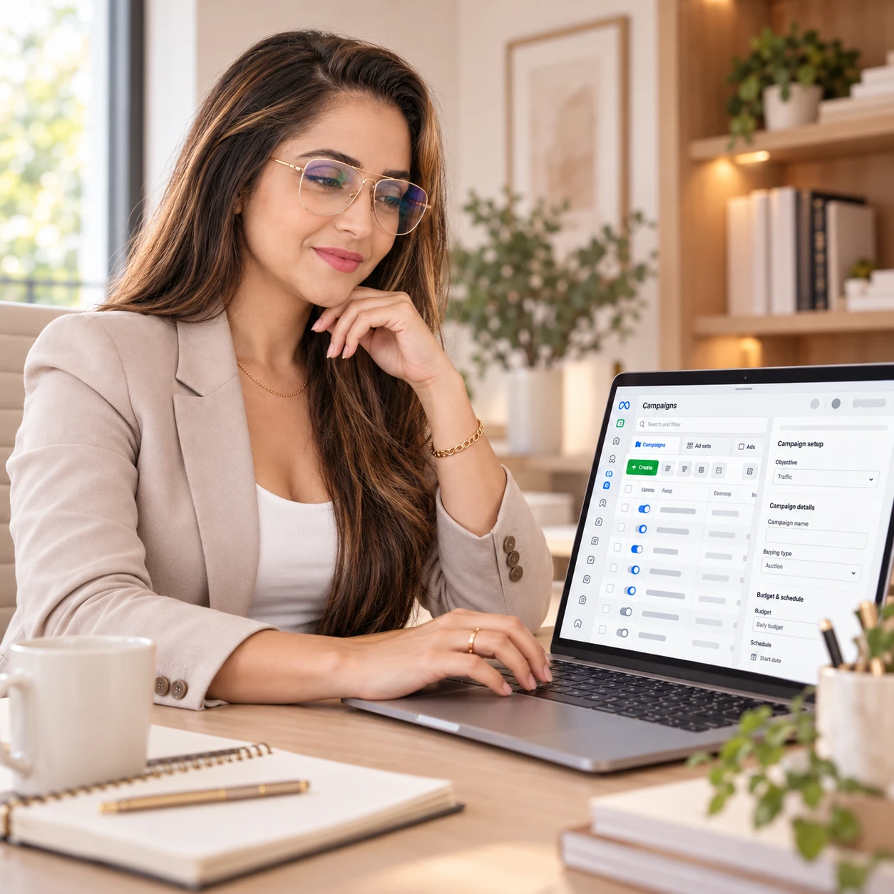 Representação de Élida trabalhando no notebook com um gerenciador de anúncios