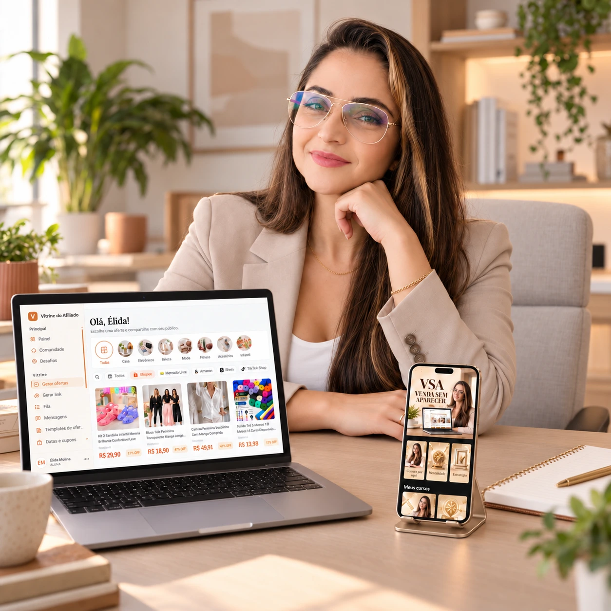 Élida com o notebook mostrando a Vitrine e o celular mostrando o VSA